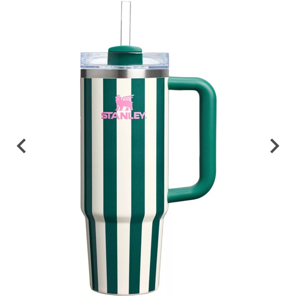Stanley Green and White Striped Tumbler 30 oz. with Straw